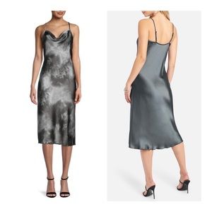 BEBE Satin Cowl Neck Tie Dye Slip Midi Grey Dress Size XS NWT